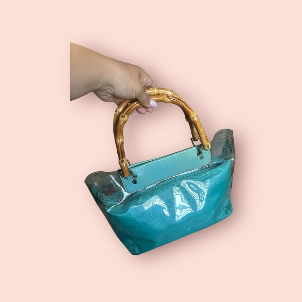 Monsac Transparent Teal Handbag with Bamboo Handles